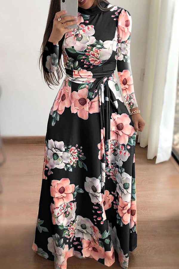 

Lovely Casual Floral Printed Black Blending Floor length Dress