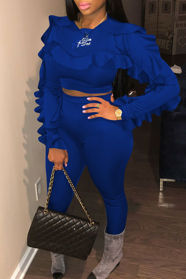 

Lovely Casual Long Sleeves Flounce Blue Blending Two-piece Pants Set