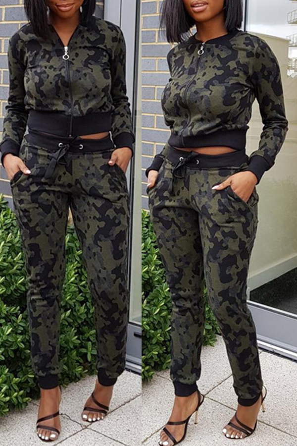 

Lovely Euramerican Long Sleeves Printed Army Green Two-piece Pants Set