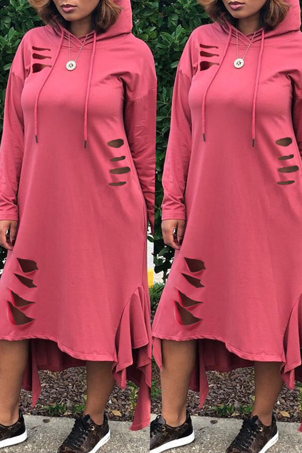 

Lovely Casual Hooded Collar Broken Holes Pink Mid Calf Dress