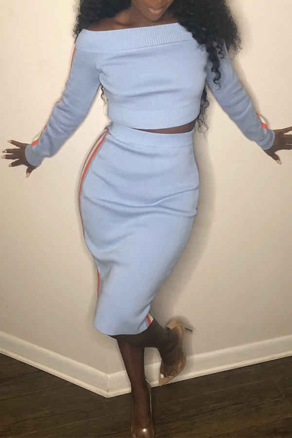 

Lovely Casual Striped Blue Two-Piece Skirt Set