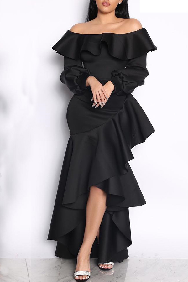 

Lovely Sweet Hubble-bubble Sleeves Flounce Design Black Ankle Length Dress