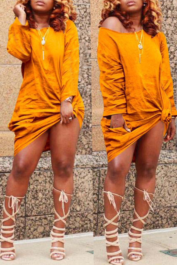 

Lovely Casual Long Sleeves Knot Design Orange Knee Length Dress