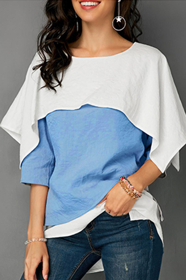 

Lovely Casual Color-lump Patchwork Blue Knitting T-shirt
