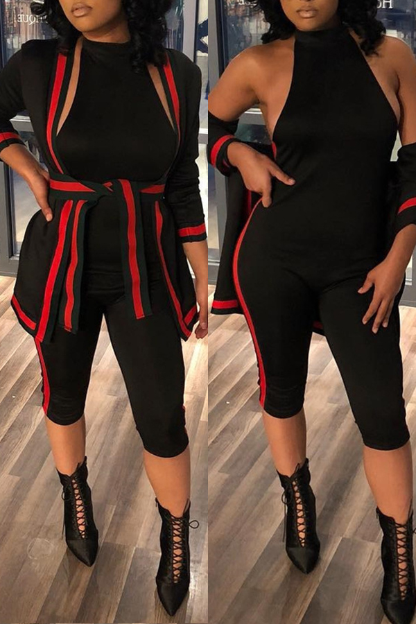 

Lovely Casual Halter Patchwork Black Two-piece Shorts Set