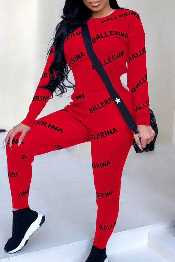 

Lovely Casual Letters Printed Skinny Red Two-piece Pants Set