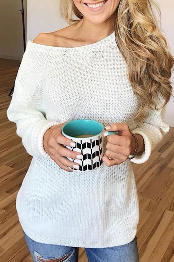 

Lovely Casual Long Sleeves Lace-up White Knitting Sweaters