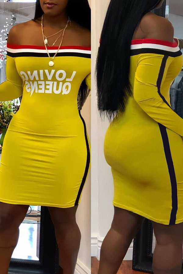 

Lovely Casual Long Sleeves Letters Printed Yellow Twilled Satin Knee Length Dress