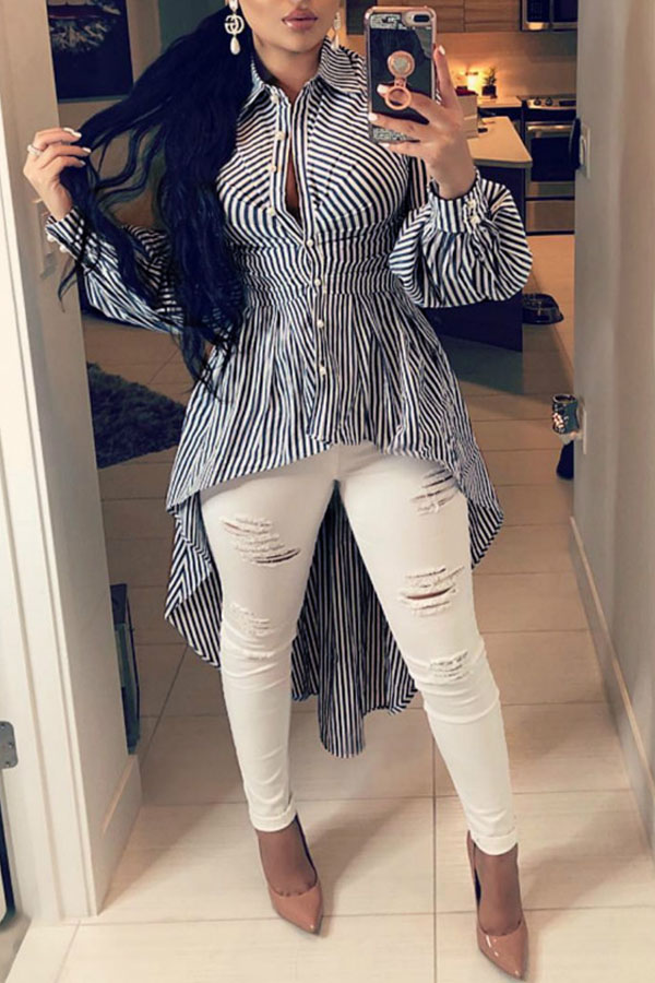 

Lovely Casual Irregular Hems Striped Dark Blue Cotton Blouses