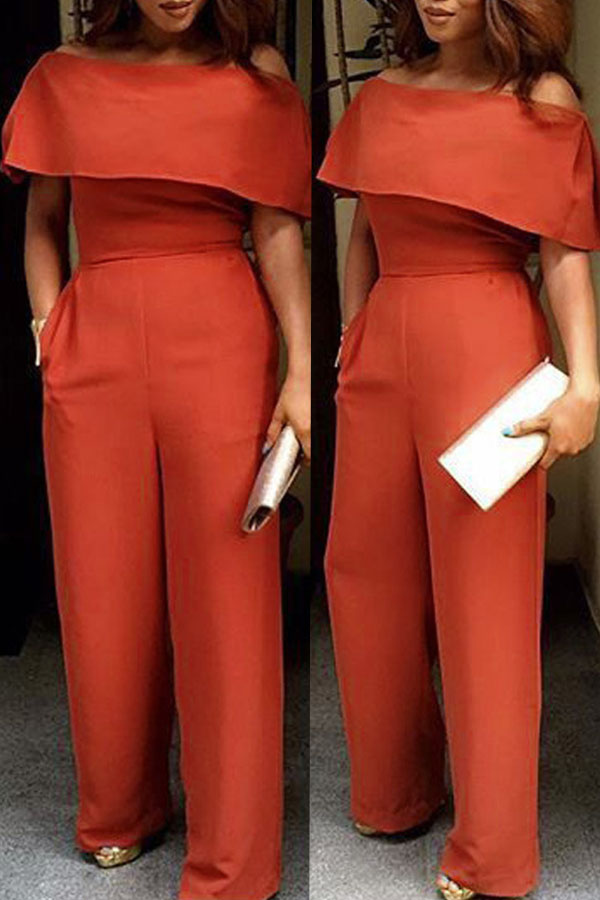 

Lovely Chic Dew Shoulder Loose Orange Cotton One-piece Jumpsuit