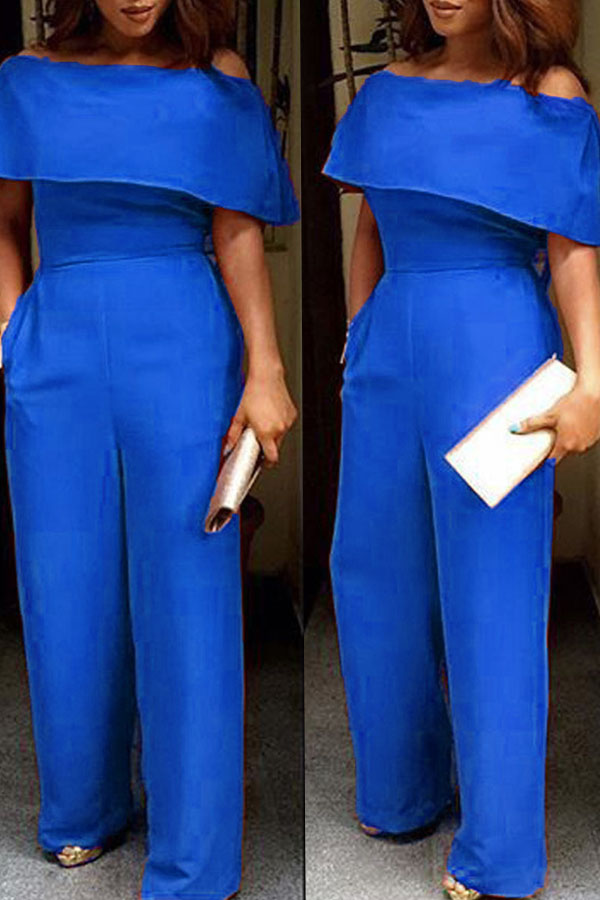 

Lovely Chic Dew Shoulder Loose Blue Cotton One-piece Jumpsuit