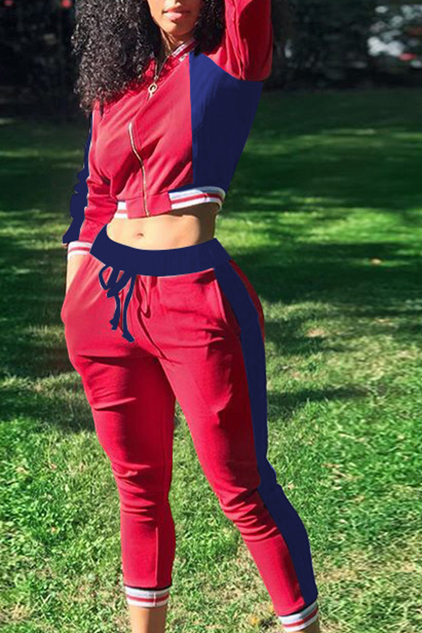 

Lovely Euramerican Color-lump Patchwork Red Cotton Blends Two-piece Pants Set