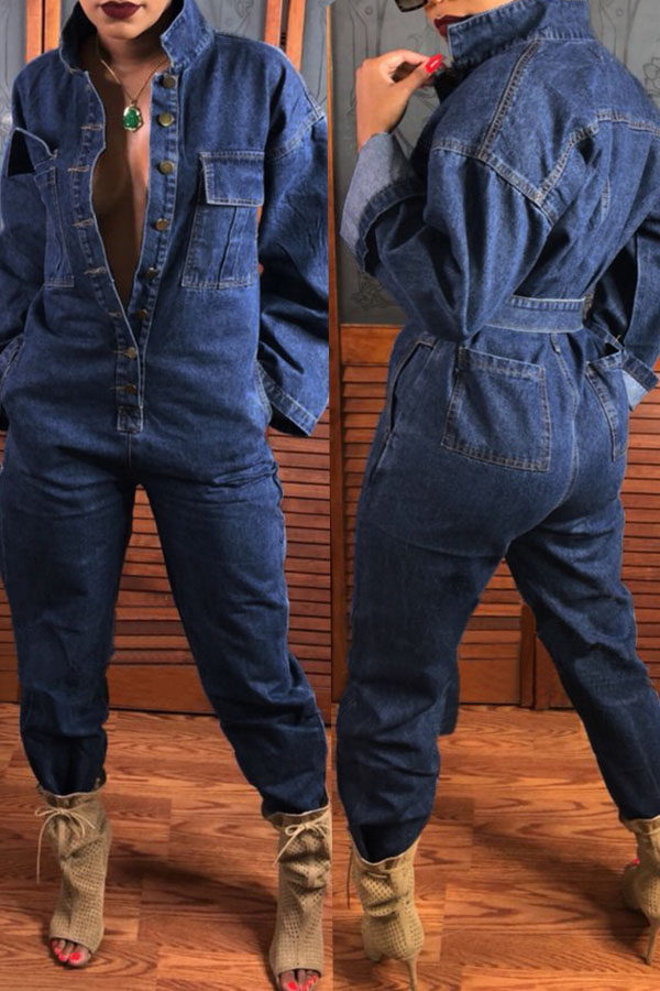 

Lovely Casual Open Front With Button Loose Deep Blue Denim One-piece Jumpsuit