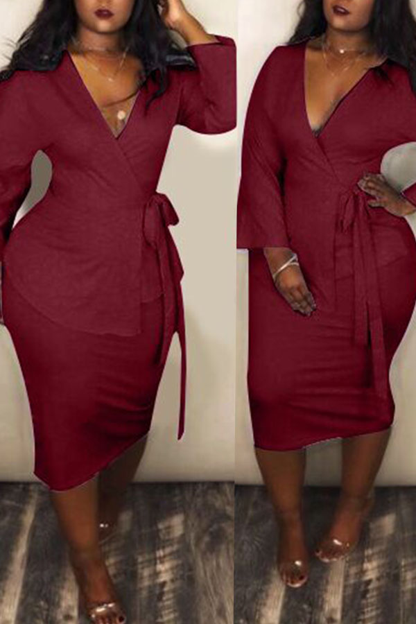 

Lovely Casual Long Sleeves Wine Red Twilled Satin Two-piece Skirt Set
