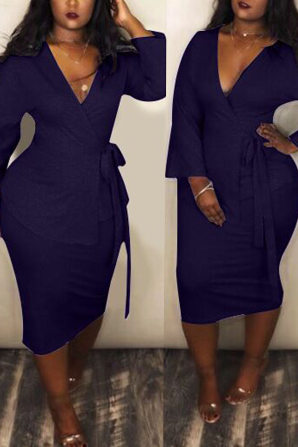 

Lovely Casual Long Sleeves Deep Blue Twilled Satin Two-piece Skirt Set