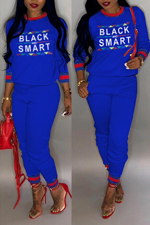 

Lovely Casual Patchwork Printed Blue Blending Two-piece Pants Set