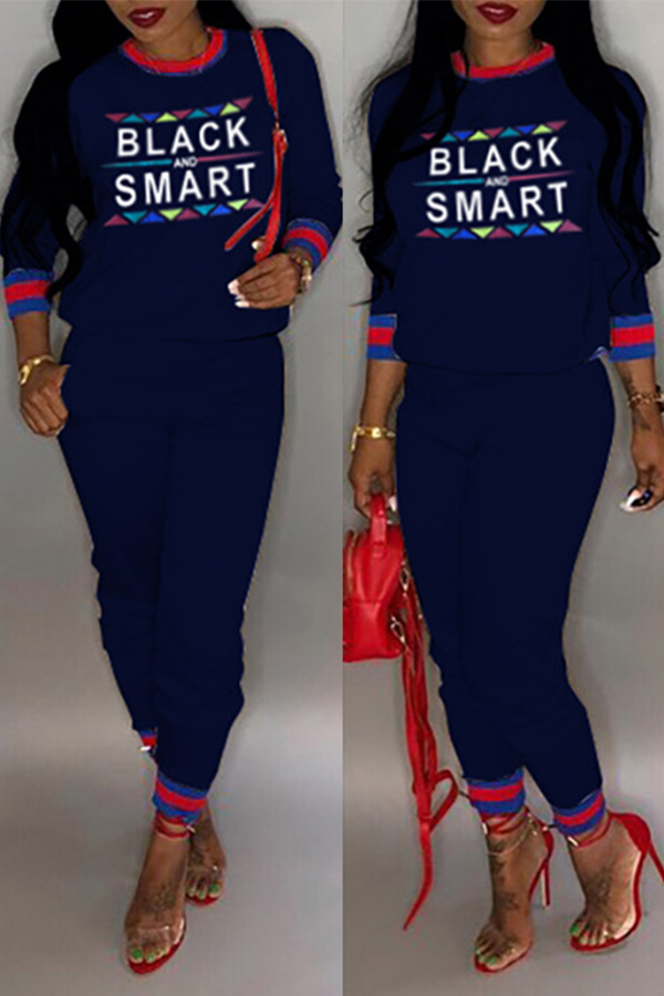 

Lovely Casual Patchwork Printed Dark Blue Blending Two-piece Pants Set