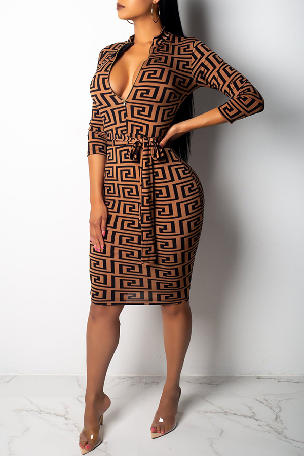 

Lovely African Printed Slim Brown Knee Length Dress