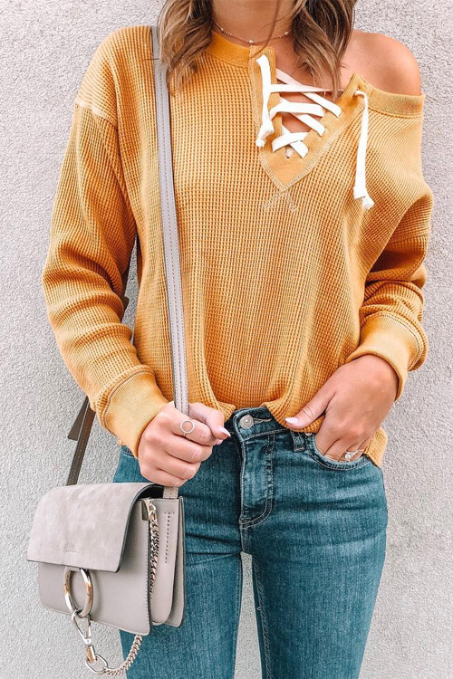 

Lovely Casual Long Sleeves Yellow Cotton Blends T-shirt