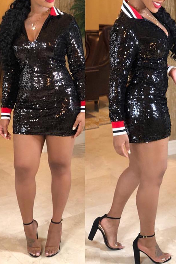 

Lovely Fashionable Patchwork Black Sequined Mini Dress