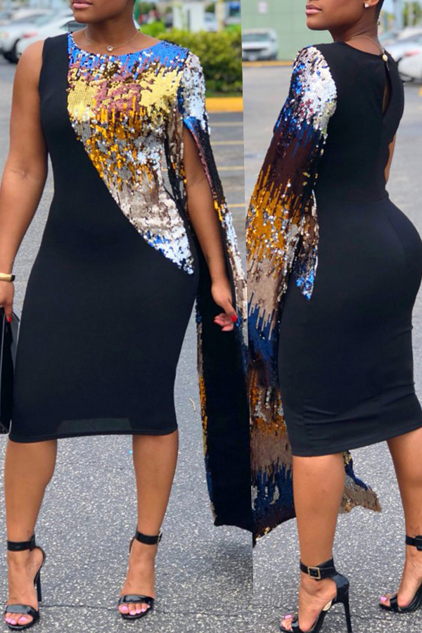 

Lovely Sexy Patchwork Black Knee Length Dress