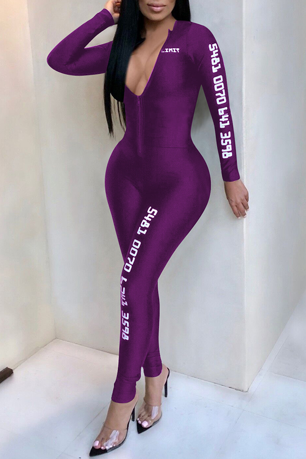

Lovely Casual Letters Printed Skinny Purple One-piece Jumpsuit