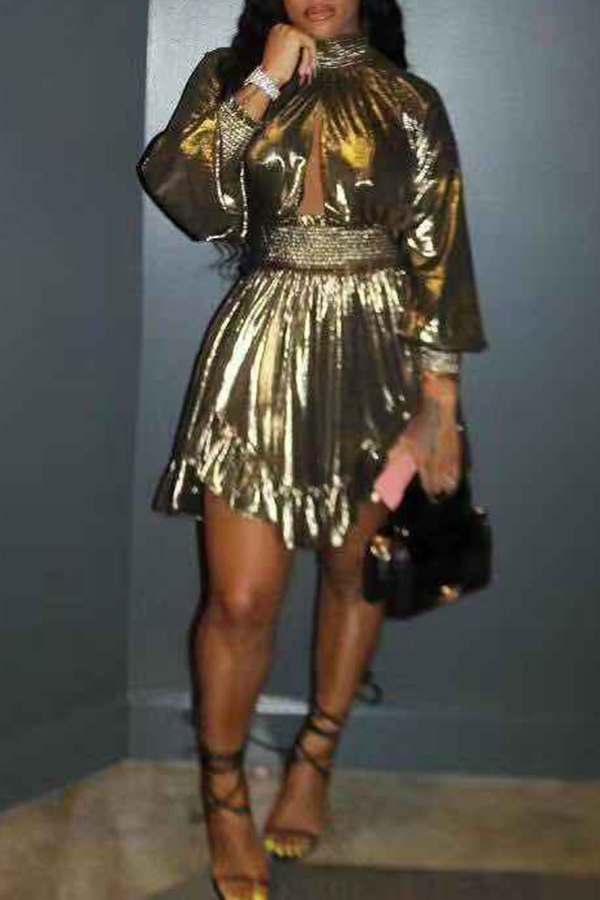 

Lovely Euramerican Lantern Sleeves Gold Mini Dress