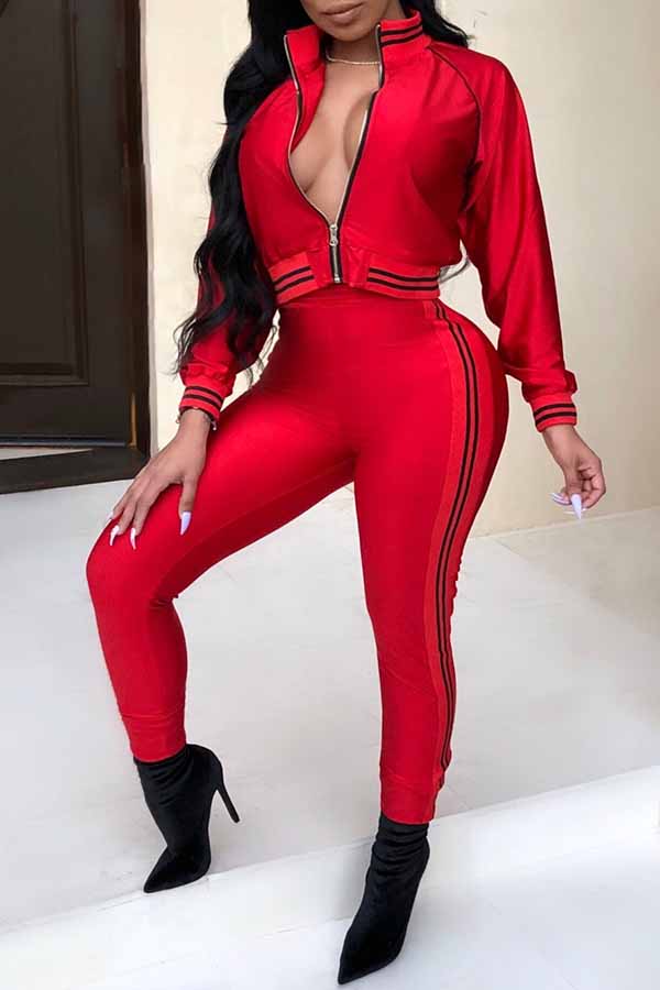 

Lovely Euramerican Patchwork Skinny Red Two-pieces Pants Set