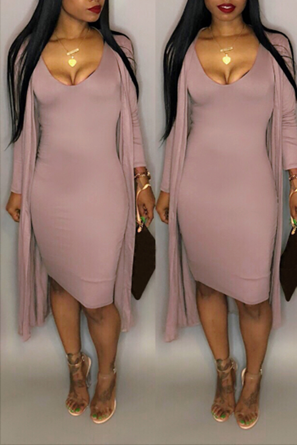 

Lovely Casual Office Long Sleeves Skin Color Two-pieces Skirt Set