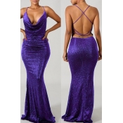 Lovely Sexy Backless Purple Velvet Trailing Dress