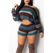 Lovely Euramerican Striped Blue Two-piece Shorts S