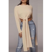 Lovely Trendy Irregular Hems Long Sleeves Apricot 