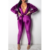 Lovely Elegant Hollowed-out Skinny Purple One-piec