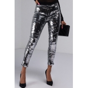 Lovely Trendy Skinny Silver PU Pants