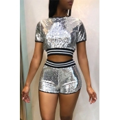 Lovely Casual Sequined Decorative Silver Two-piece