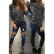 Lovely Casual Camouflage Printed Grey Blouses
