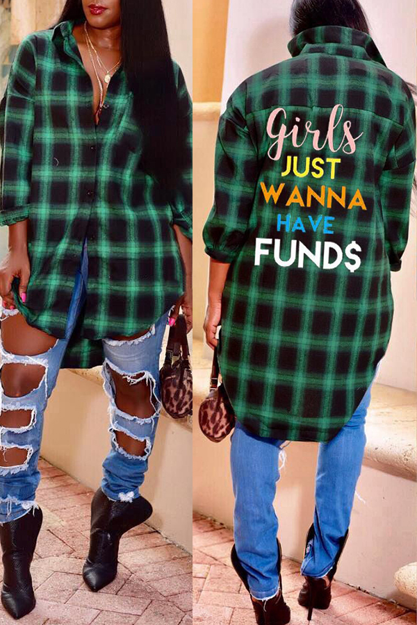 

Lovely Casual Letters Printed Green Blending Plaid T-Shirt