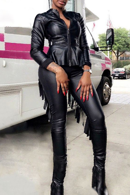 

Lovely Casual Tassels Edge Black PU Two-piece Pants Set