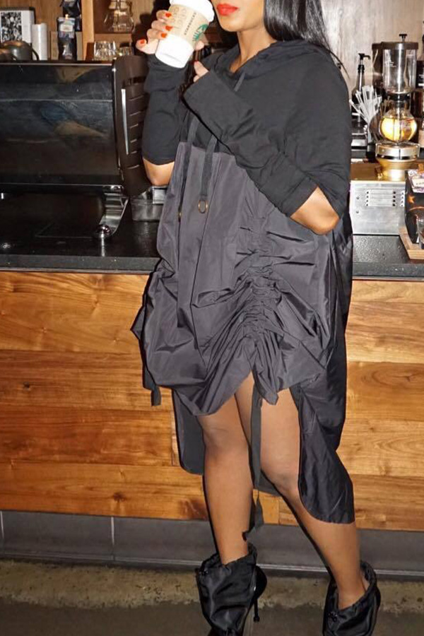

Lovely Casual Patchwork Draw String Design Black Mini Dress