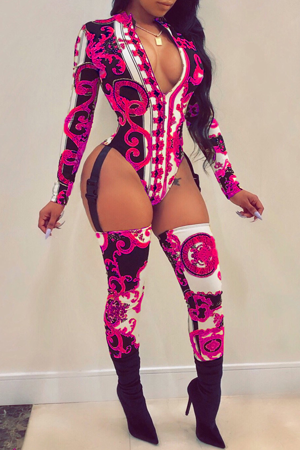 

Lovely Sexy Long Sleeves Printed Rose Red One-piece Jumpsuit