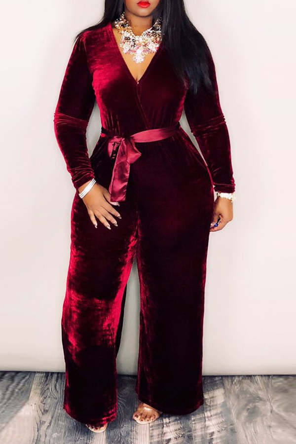 

Lovely Casual Long Sleeves Wine Red One-piece Jumpsuit