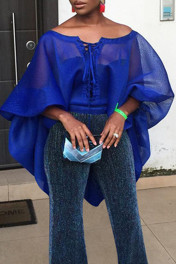 

Lovely Sweet Lantern Sleeves See-Through Royalblue Shirts
