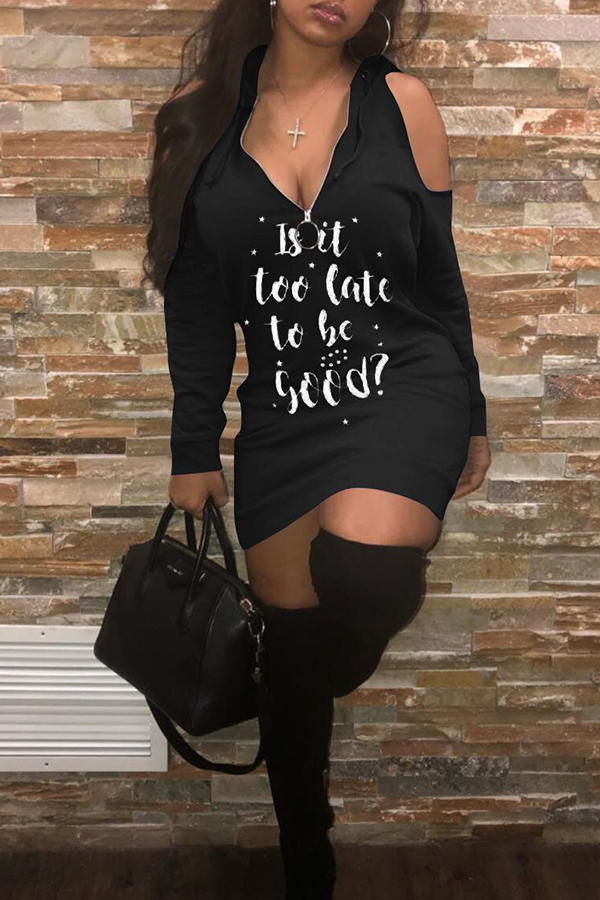 

Lovely Fashionable Letters Printed Black Blending Mini Dress