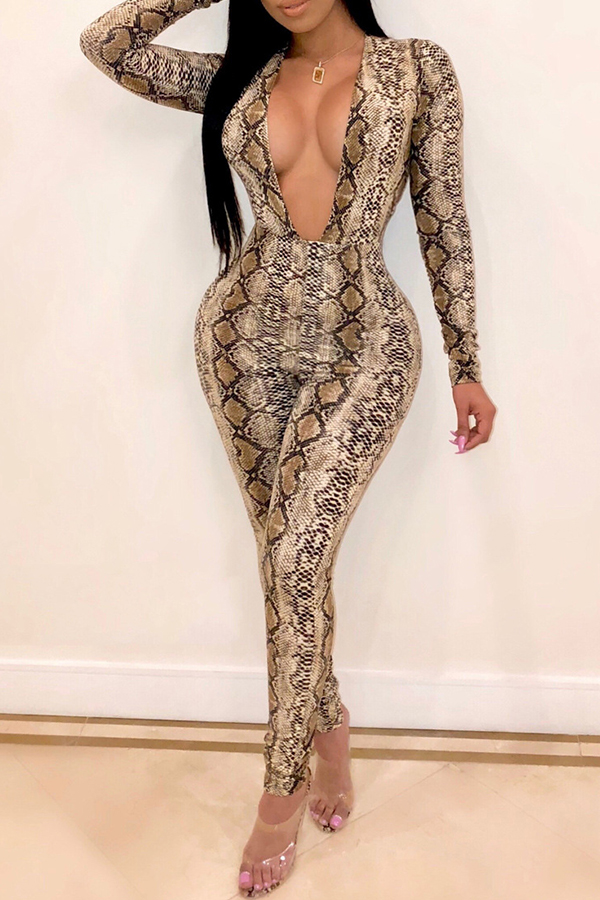 

Lovely Sweet Snakeskin Grain Printed Khaki One-piece Jumpsuit