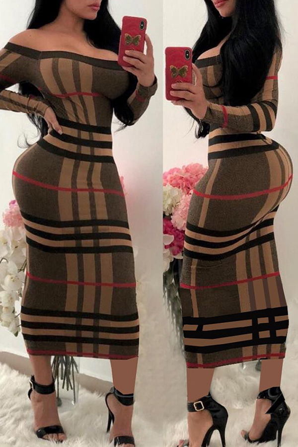 

Lovely Fashion Striped Printed Brown Mid Calf Dress