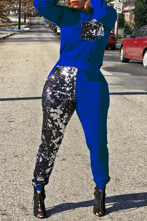 

Lovely Casual Patchwork Blue Knitting Two-piece Pants Set