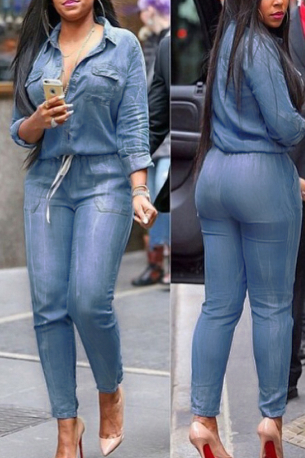 

Lovely Euramerican Turndown Collar Blue Denim One-piece Jumpsuits