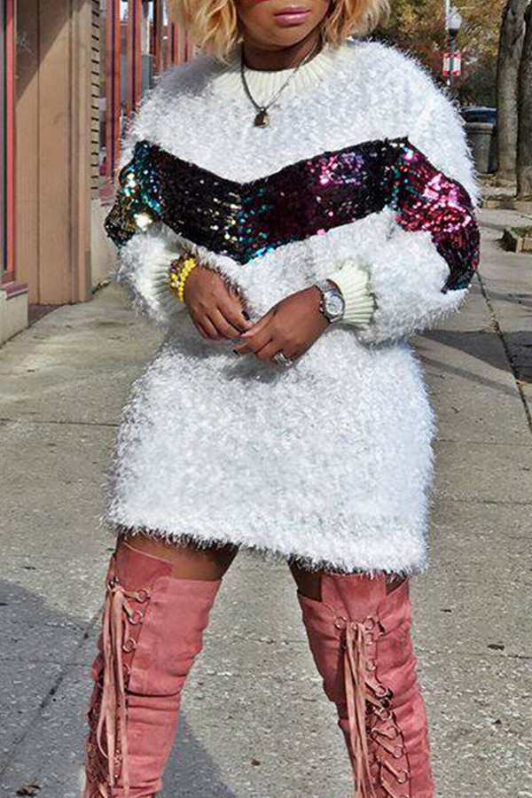 

Lovely Euramerican Sequined Decorative White Blending Mini Dress
