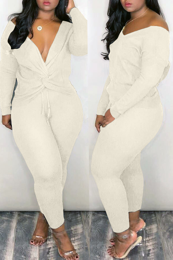 

Lovely Casual Cross-over Design White Two-piece Pants Set