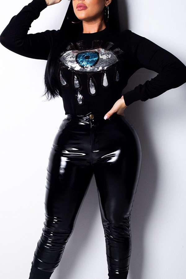 

Lovely Trendy Sequined Decorative Black T-shirt